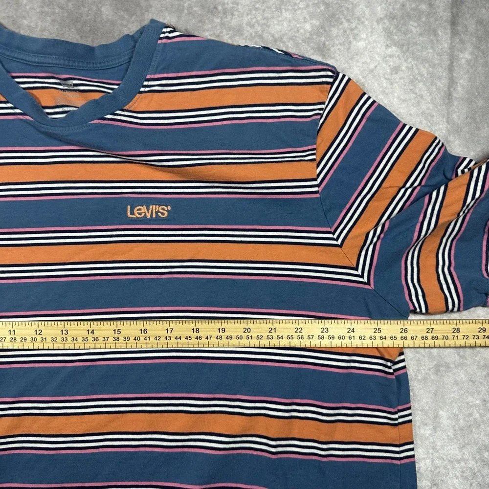 Levis Mens XL Oversized Striped T-Shirt Blue Orange Pink Crew Neck Retro Tee Y2K